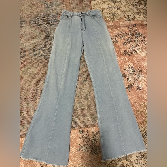 High waist wide leg flare denim jeans pants Raw Hem Valija light boho retro 90s - Picture 1 of 11